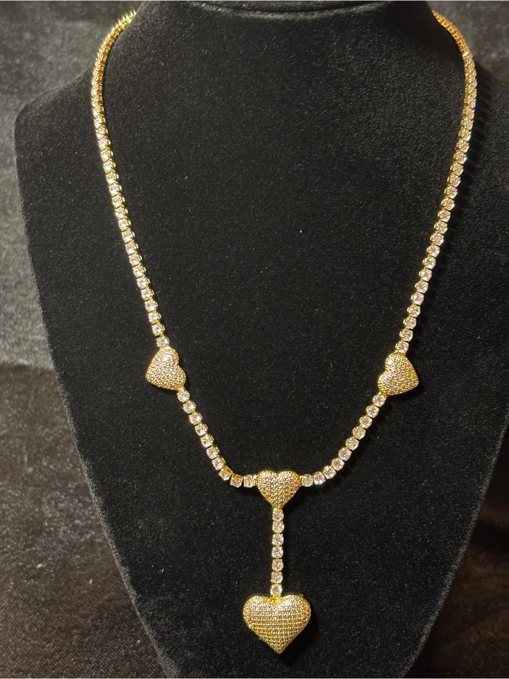 3.2mm Yellow Gold Pave’ Heart CZ Tennis Necklace 18in.